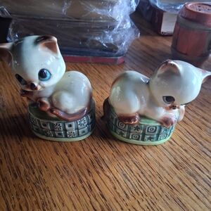 Vintage Ceramic Cat Salt & Pepper Shakers - Cream and Green